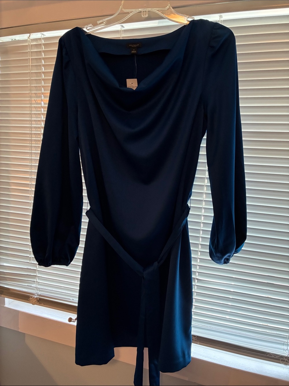 Ann Taylor Factory Dark Royal Blue Long-Sleeve Draped Neck Dress with Waist Tie